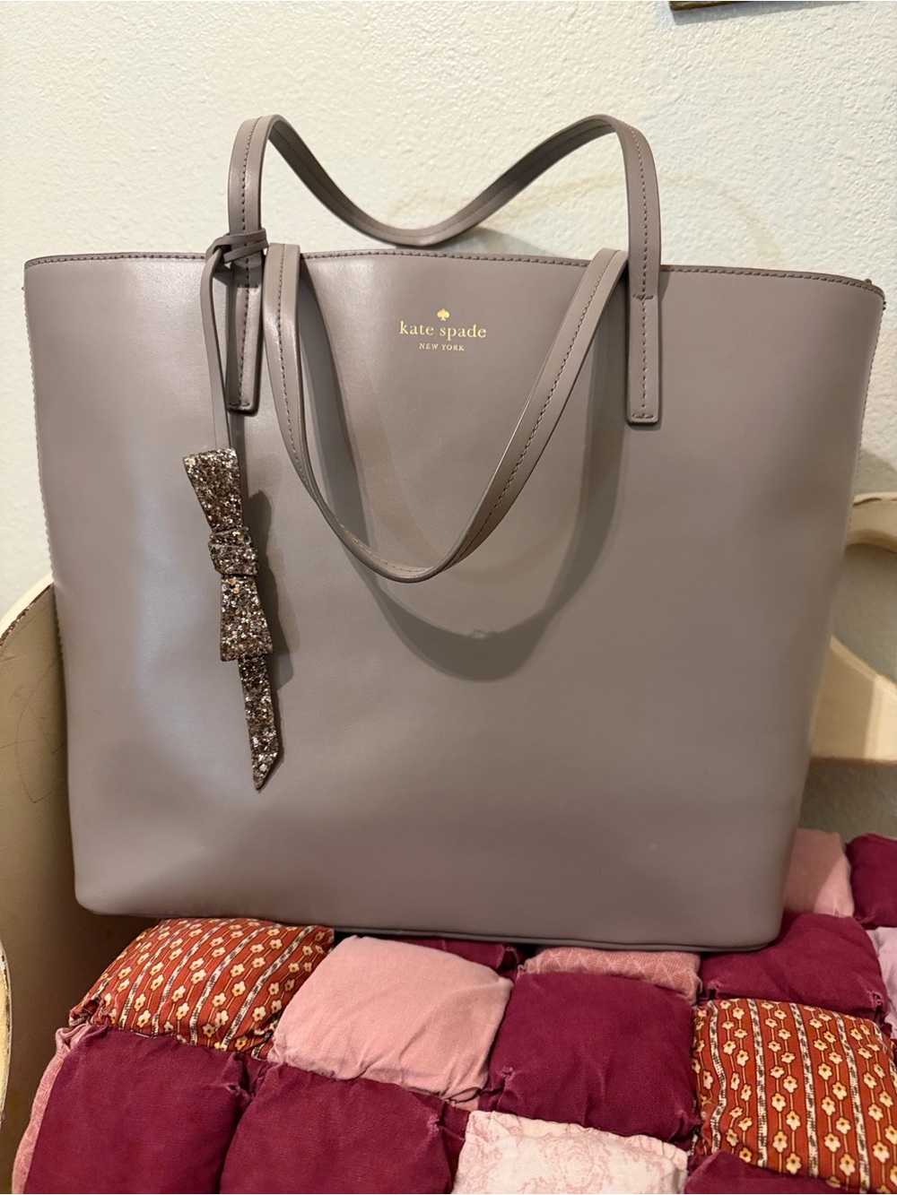 kate spade Gray Leather Tote with Bow Charm